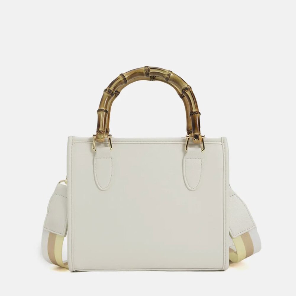 NWT White Vegan Leather Satchel Bag with Bamboo Style Handles & Crossbody Strap